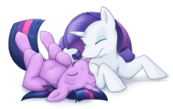 Size: 942x591 | Tagged: safe, artist:arcticwaters, rarity, twilight sparkle, pony, unicorn, g4, adorkable, belly, cute, dork, female, floppy ears, lesbian, lying down, mare, on back, ship:rarilight, shipping, simple background, tongue out, transparent background, unicorn twilight