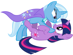 Size: 3200x2400 | Tagged: safe, artist:adcoon, trixie, twilight sparkle, pony, unicorn, g4, blushing, female, high res, lesbian, lying down, mare, on back, ship:twixie, shipping, show accurate, simple background, transparent background