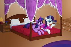 Size: 2500x1656 | Tagged: safe, artist:furor1, rarity, twilight sparkle, romance reports, g4, bed, bedroom, magic, rarity's bedroom