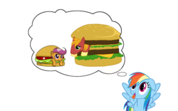 Size: 1427x892 | Tagged: safe, big macintosh, rainbow dash, scootaloo, earth pony, pegasus, pony, g4, big mac (burger), dash's thoughts, food, implied cannibalism, male, mcdonald's, meat, namesake, ponies in food, ponies wanting to eat meat, pun, sandwich, scootaburger, stallion, thought bubble, tongue out, visual pun