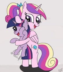 Size: 1300x1500 | Tagged: safe, artist:bosontar, princess cadance, twilight sparkle, alicorn, pony, unicorn, g4, bow, female, filly, foal, hair bow, happy, holding, holding a pony, noogie, one eye closed, open mouth, simple background, speed lines, standing on two hooves, teen princess cadance, wink