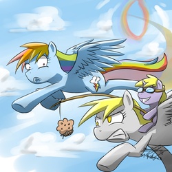 Size: 2000x2000 | Tagged: safe, artist:stupidyou3, derpy hooves, dinky hooves, rainbow dash, pegasus, pony, g4, :<, carrot on a stick, cloud, cloudy, dinky riding derpy, equestria's best mother, female, flying, goggles, high res, mare, mother and daughter, muffin, ponies riding ponies, riding, that pony sure does love muffins, trio