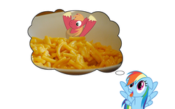 Size: 1427x892 | Tagged: safe, big macintosh, rainbow dash, earth pony, pegasus, pony, g4, dash's thoughts, female, macaroni and cheese, male, mare, pun, ship:rainbowmac, shipping, stallion, straight, thought bubble, tongue out
