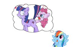 Size: 1427x892 | Tagged: safe, artist:dormantotter, edit, pinkie pie, rainbow dash, twilight sparkle, pegasus, pony, unicorn, g4, anal vore, dash's thoughts, female, fetish, forever, mare, pinkie prey, reverse vore, thought bubble, tongue out, twipred, vore