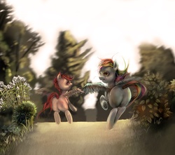 Size: 926x819 | Tagged: safe, artist:jcharlesmachiavelli, rainbow dash, scootaloo, pony, g4, butt, crying, female, plot