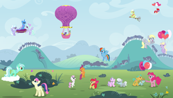 Size: 3840x2160 | Tagged: safe, artist:adcoon, apple bloom, bon bon, cloudchaser, derpy hooves, diamond tiara, dinky hooves, flitter, granny smith, lyra heartstrings, pinkie pie, rainbow dash, scootaloo, silver spoon, snails, snips, spike, sweetie belle, sweetie drops, trixie, twilight sparkle, twist, earth pony, pegasus, pony, unicorn, g4, cutie mark crusaders, everypony, female, glasses, high res, hot air balloon, mare, show accurate, twinkling balloon