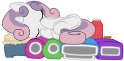 Size: 1500x738 | Tagged: source needed, safe, artist:virgil pony, sweetie belle, pony, unicorn, g4, cute, fabric, female, filly, foal, simple background, sleeping, solo, transparent background