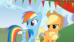 Size: 1366x768 | Tagged: safe, screencap, applejack, rainbow dash, fall weather friends, g4, female, running of the leaves, youtube caption