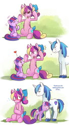 Size: 780x1419 | Tagged: safe, artist:ende26, princess cadance, shining armor, twilight sparkle, alicorn, pony, unicorn, comic:foal sitter cadance, g4, 2012, blushing, bow, caught, comforting, comic, cute, cutedance, dialogue, embarrassed, eyes closed, female, filly, filly twilight sparkle, funny face, hair bow, laughing, male, nuzzling, ship:shiningcadance, shipping, shrunken pupils, silly, slice of life, smiling, straight, teen princess cadance, tongue out, twiabetes, wholesome, younger