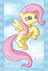 Size: 397x586 | Tagged: safe, artist:zenfyre, fluttershy, pegasus, pony, g4, abstract background, female, mare, smiling, solo, spread wings, three quarter view, wings