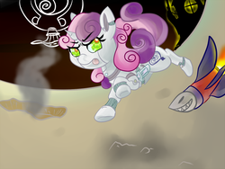 Size: 700x525 | Tagged: safe, artist:cotton, sweetie belle, pony, robot, robot pony, unicorn, g4, female, filly, foal, hooves, horn, rocket, solo, sweetie bot, tongue out
