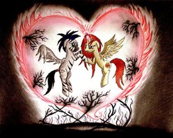 Size: 1000x798 | Tagged: safe, artist:vulpessentia, oc, oc only, alicorn, pony, zebrasus, alicorn oc, duo, heart, horn, traditional art, wings