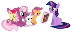 Size: 6669x3000 | Tagged: safe, artist:vectorshy, apple bloom, cheerilee, scootaloo, sweetie belle, twilight sparkle, earth pony, pegasus, pony, unicorn, g4, book, cutie mark crusaders, female, filly, foal, lying down, magic, mare, prone, simple background, sitting, telekinesis, transparent background, unicorn twilight, vector