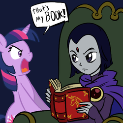 Size: 500x500 | Tagged: safe, artist:madmax, twilight sparkle, human, g4, book, crossover, dc comics, raven (dc comics), teen titans, twiraven, voice actor joke