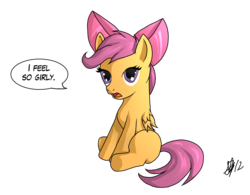 Size: 3682x2866 | Tagged: dead source, safe, artist:newbonzy, scootaloo, pegasus, pony, g4, apple bloom's bow, blank flank, female, filly, foal, hair bow, high res, hilarious in hindsight, hooves, open mouth, simple background, sitting, solo, speech bubble, talking, transparent background, wings