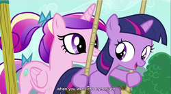 Size: 855x472 | Tagged: safe, screencap, princess cadance, twilight sparkle, alicorn, pony, unicorn, a canterlot wedding, g4, duo, duo female, female, filly, filly twilight sparkle, foal, horn, mare, younger, youtube caption