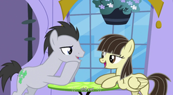 Size: 854x473 | Tagged: safe, screencap, lucky clover, wild fire, earth pony, pegasus, pony, a canterlot wedding, g4, female, luckyfire, male, mare, shipping, stallion, straight, youtube caption