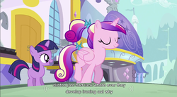 Size: 854x470 | Tagged: safe, edit, edited screencap, screencap, princess cadance, twilight sparkle, alicorn, pony, unicorn, a canterlot wedding, g4, bill clinton, caption, eyes closed, female, filly, younger, youtube caption