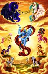 Size: 1380x2120 | Tagged: safe, artist:whitestar1802, applejack, derpy hooves, fluttershy, pinkie pie, princess celestia, princess luna, rainbow dash, rarity, twilight sparkle, pegasus, pony, g4, apotheosis, canterlot, crown, female, jewelry, mane six, mare, outdoors, peytral, regalia, royal sisters, scenery, siblings, sisters, spread wings, the apotheosis of george washington, wings