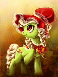 Size: 898x1200 | Tagged: safe, artist:whitestar1802, granny smith, earth pony, pony, g4, bonnet, cottagecore, detailed background, female, mare, smiling, solo, young granny smith, younger