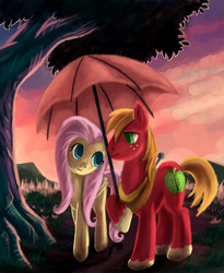 Size: 986x1200 | Tagged: safe, artist:whitestar1802, big macintosh, fluttershy, earth pony, pony, g4, male, ship:fluttermac, shipping, stallion, straight, tree, umbrella