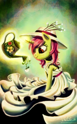 Size: 900x1443 | Tagged: safe, artist:whitestar1802, oc, oc only, pony, clothes, dress, flower, hat, magic, solo, telekinesis, watering can