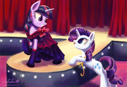 Size: 1400x964 | Tagged: safe, artist:whitestar1802, rarity, twilight sparkle, pony, unicorn, g4, catwalk, clothes, dress, duo, duo female, earring, female, measuring tape, piercing, unicorn twilight