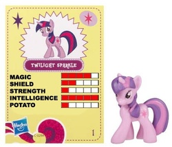Size: 414x354 | Tagged: safe, edit, twilight sparkle, g4, blind bag, collector card, irl, photo, potato, toy