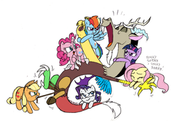 Size: 1000x704 | Tagged: safe, artist:mickeymonster, applejack, discord, fluttershy, pinkie pie, rainbow dash, rarity, twilight sparkle, squeezin' it, g4, female, held down, mane six, revenge, simple background, sweet revenge, tickle torture, tickling, tied up, white background