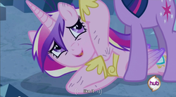 Size: 853x472 | Tagged: safe, screencap, princess cadance, twilight sparkle, alicorn, pony, a canterlot wedding, g4, concave belly, dirty, duo, duo female, female, hub logo, mare, messy mane, out of context, slender, thin, youtube caption