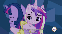 Size: 851x471 | Tagged: safe, screencap, princess cadance, twilight sparkle, alicorn, pony, unicorn, a canterlot wedding, g4, season 2, crystal caverns, hub logo, hug, unicorn twilight, youtube caption