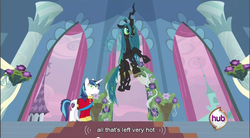 Size: 857x472 | Tagged: safe, screencap, queen chrysalis, shining armor, changeling, changeling queen, pony, unicorn, a canterlot wedding, g4, female, male, stallion, youtube caption
