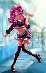 Size: 756x1200 | Tagged: safe, artist:quizzicalkisses, pinkie pie, human, g4, breasts, busty pinkie pie, dancing, female, headphones, humanized, solo, wide hips