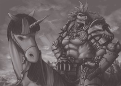 Size: 1200x848 | Tagged: safe, artist:quizzicalkisses, spike, twilight sparkle, g4, badass, beefspike, epic, grayscale, monochrome