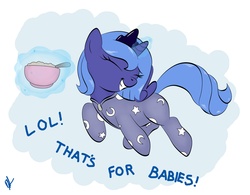Size: 3972x3096 | Tagged: safe, artist:shadawg, princess luna, pony, g4, bowl, cereal, clothes, eyes closed, female, filly, foal, footed sleeper, high res, magic, pajamas, solo, spoon, telekinesis, woona, younger