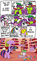 Size: 1198x1965 | Tagged: safe, artist:thelastgherkin, fluttershy, rainbow dash, rarity, spike, twilight sparkle, g4, beefspike, comic, hark a vagrant, ooh mister darcy