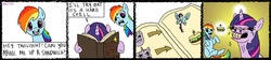 Size: 4428x999 | Tagged: safe, artist:multiversecafe, rainbow dash, twilight sparkle, pony, g4, book, comic, faic, flehmen response, horses doing horse things, magic, magic book, sandwich, spell