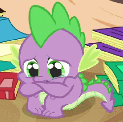 Size: 407x405 | Tagged: safe, screencap, spike, dragon, dragon quest, g4, season 2, animated, book, cropped, crying, cute, golden oaks library, male, sad, solo, spikabetes