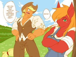 Size: 800x600 | Tagged: safe, artist:kokuhane, applejack, big macintosh, earth pony, anthro, applebuck season, g4, applejack (male), applejacked, clothes, crossed arms, dialogue, duo, duo male and female, female, hand on hip, macareina, male, muscles, muscular male, overalls, rule 63, scene interpretation, speech bubble, straw in mouth, sweet apple acres, vest