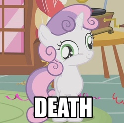 Size: 500x495 | Tagged: safe, edit, edited screencap, screencap, sweetie belle, pony, unicorn, g4, caption, death, derp, dissonant caption, eye twitch, female, filly, image macro, one word, pure unfiltered evil, smiling, solo, sweetie derp, text, wat
