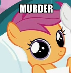 Size: 254x261 | Tagged: safe, edit, edited screencap, screencap, scootaloo, pegasus, pony, g4, season 1, stare master, artifact, big eyes, cropped, dilated pupils, dissonant caption, female, filly, foal, image macro, looking at you, murder, one word, pure unfiltered evil, reaction image, round eyes, smiling, solo focus, stare, text, text edit