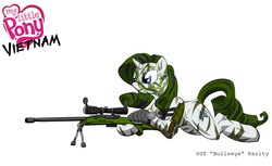 Size: 1800x1100 | Tagged: safe, artist:teddyhands, part of a set, rarity, pony, unicorn, g4, camouflage, female, green hair, gun, hooves, horn, knife, lying down, mare, optical sight, part of a series, rifle, simple background, smiling, sniper, sniper rifle, solo, text, vietnam, vietnam war, vietnam war series, war, watch, weapon, white background