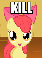 Size: 519x719 | Tagged: safe, edit, edited screencap, screencap, apple bloom, earth pony, pony, g4, apple bloom's bow, bow, caption, dissonant caption, female, filly, foal, front view, hair bow, image macro, impact font, implied murder, indoors, looking at you, one word, open mouth, pure unfiltered evil, smiling, solo, text