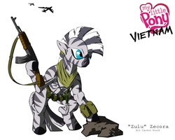 Size: 1500x1200 | Tagged: safe, artist:teddyhands, part of a set, zecora, zebra, semi-anthro, g4, ak-47, b-52, clothes, ear piercing, earring, female, grenades, gun, jewelry, kit carson scout, knife, part of a series, piercing, scarf, solo, vietnam, vietnam war, vietnam war series, war, weapon