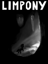 Size: 1024x1351 | Tagged: safe, artist:vicmanone, pinkie pie, earth pony, pony, g4, female, limbo (video game), monochrome, solo, text