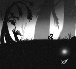 Size: 850x768 | Tagged: safe, artist:shomyooh, apple bloom, earth pony, pony, g4, black and white, female, filly, foal, forest, grass, grayscale, limbo (video game), monochrome, solo, video game