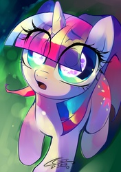 Size: 1000x1417 | Tagged: dead source, safe, artist:iopichio, twilight sparkle, pony, unicorn, g4, beautiful, color porn, eye clipping through hair, female, looking up, mare, mare in the moon, moon, solo, surprised, unicorn twilight, wingding eyes