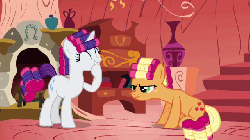 Size: 640x360 | Tagged: safe, screencap, applejack, rarity, earth pony, pony, unicorn, g4, look before you sleep, season 1, animated, animated screencap, duo, female, golden oaks library, hair curlers, implied twilight sparkle, magic, makeover, offscreen character