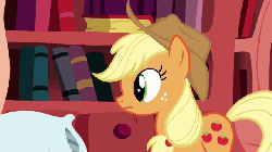 Size: 640x360 | Tagged: safe, screencap, applejack, earth pony, pony, g4, look before you sleep, season 1, animated, female, golden oaks library, head shake, mare, offscreen character, pillow, pillow fight, solo