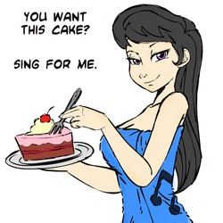 Size: 945x945 | Tagged: safe, artist:megasweet, artist:samoyena, octavia melody, human, g4, bedroom eyes, breasts, busty octavia melody, cake, do you want this cake, female, humanized, looking at you, naked towel, nudity, solo, towel